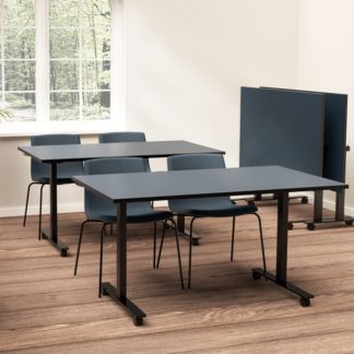 Billede af Fleksibelt foldebord lige til at køre væk. Kan betjenes med én hånd. Sort eller hvid laminat bordplade. Fylder meget lidt klappet sammen.